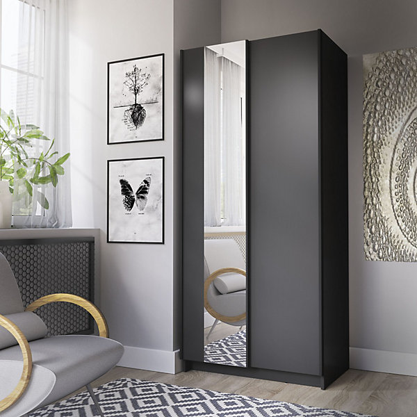 Armoire LYSIA 80 cm noir mat2 portes coulissantes avec miroir