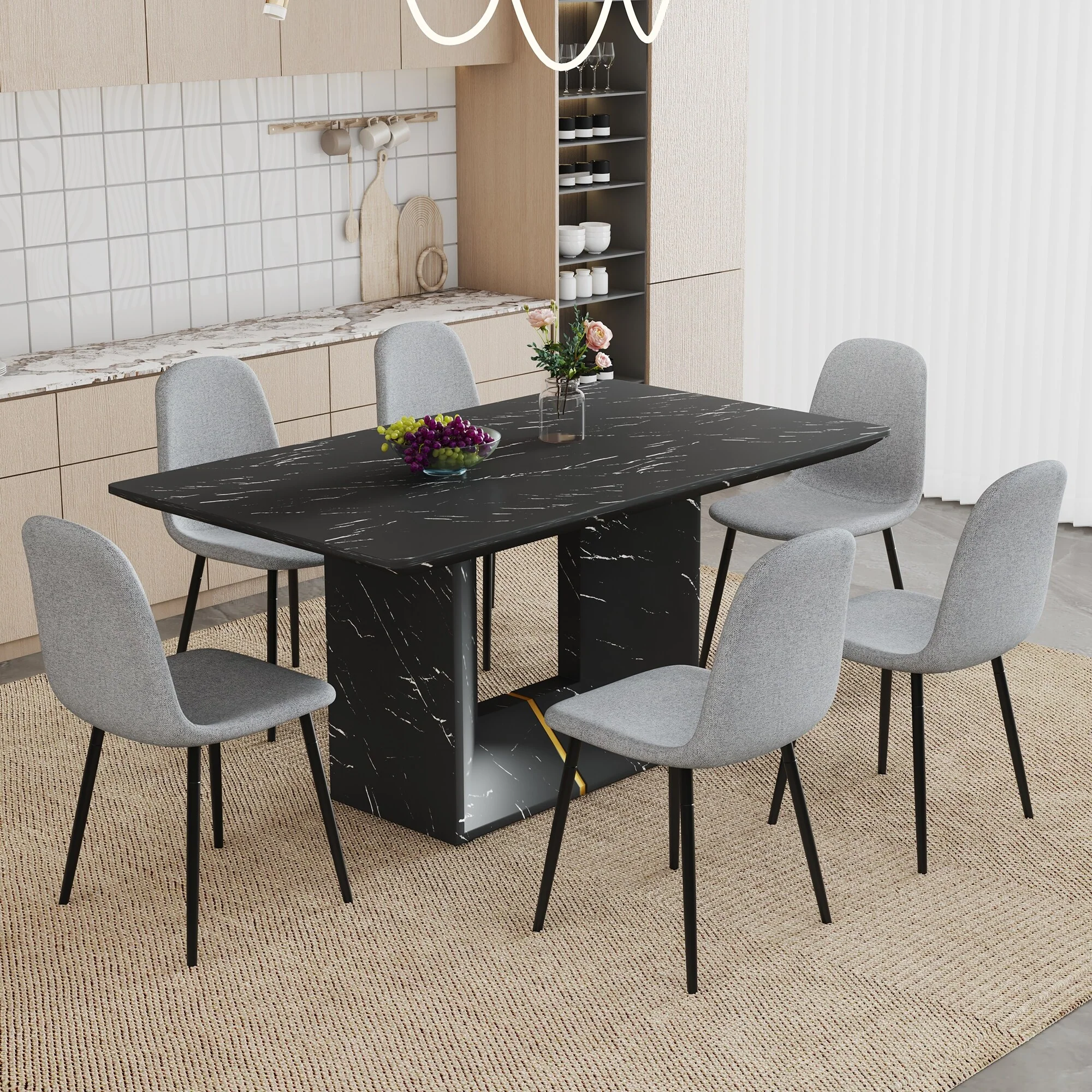 7-Piece Dining Table Set with Marble Pattern Top, O-Shaped Legs, Integrated Seat and Backrest, Non-Slip Feet