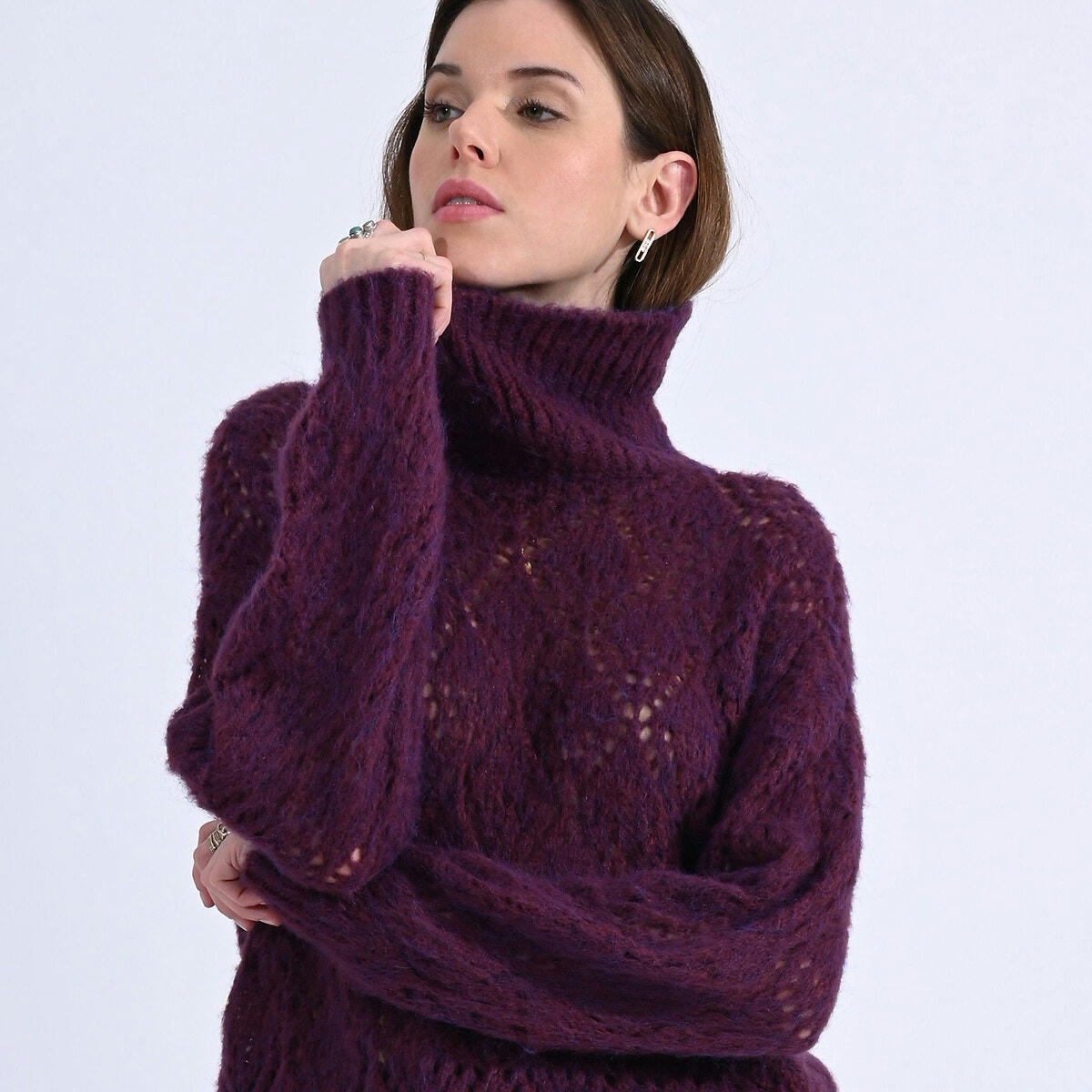 Pull col roulé maille ajourée