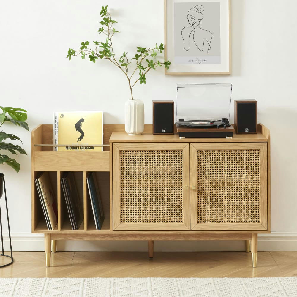 BOMBONG - Buffet avec rangement pour vinyles en bois et cannage L140cm bois clai