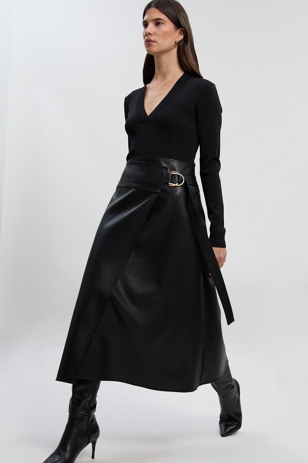 KarenMillen Petite Figure Form Pu Mix Tab Detail Pleated Knit Midi Dress