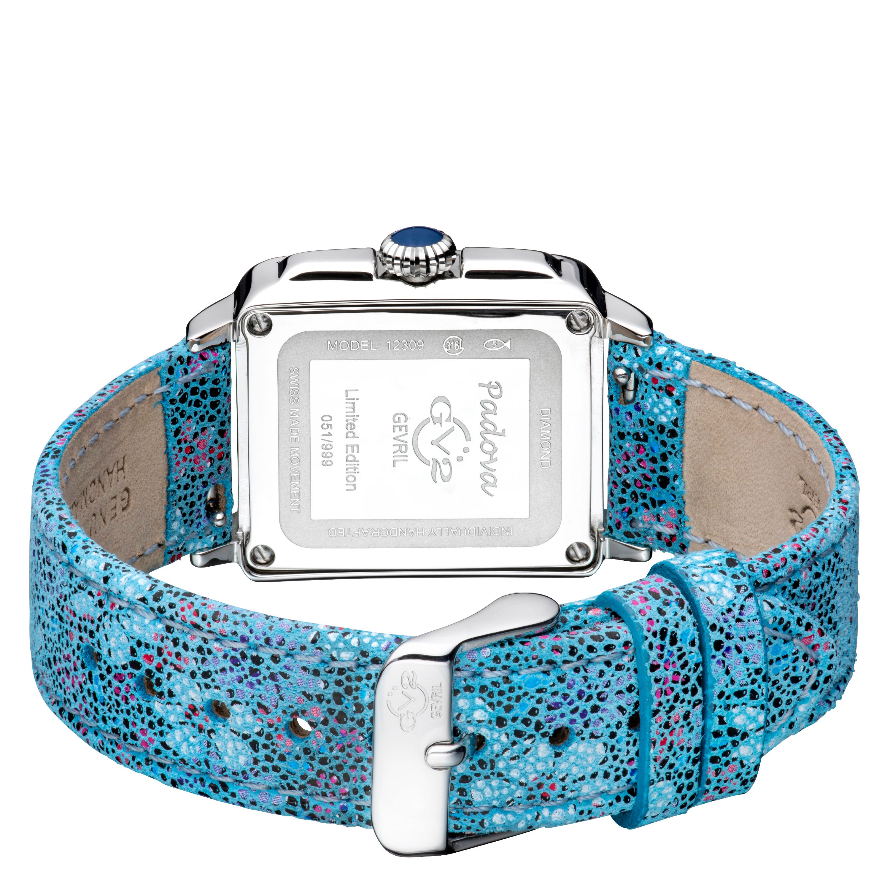 GV2 Padova Floral, Swiss Quartz Watch, Blue Dial, Genuine Hand Made Italian Leather, and Sapphire Crystal