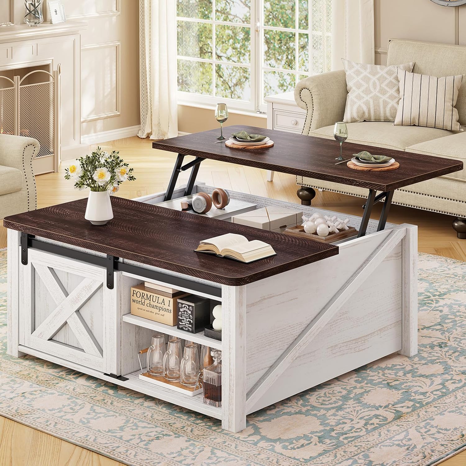 SEDETA 31.5 Lift Top Coffee Table with Storage, Square Coffee Tables for Living Room, Farmhouse Coffee Table with Large Hidden Storage Compartment and Adjustable Shelves, Vintage White