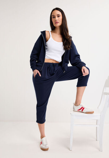 Womens Navy Cotton Rich Cropped Joggers