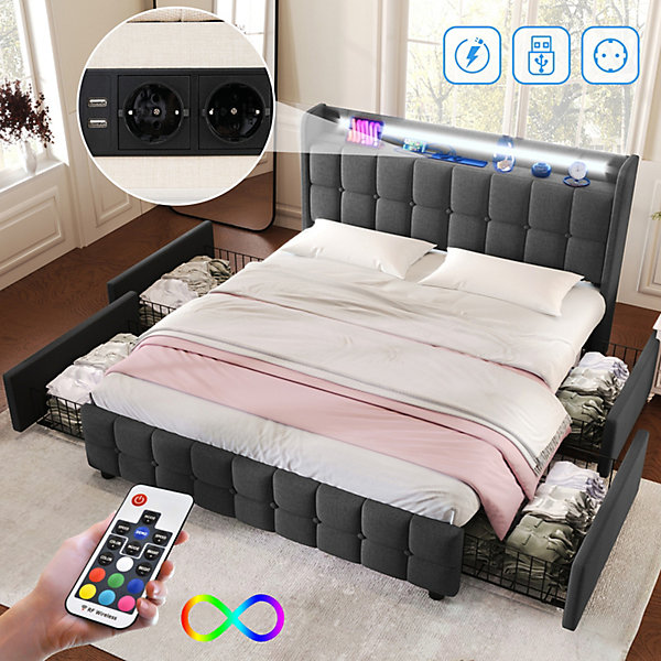 Lit double 160x200 cm avec tête de lit LED, ports USB, 4 tiroirs et sommier à lattes en bois, gris