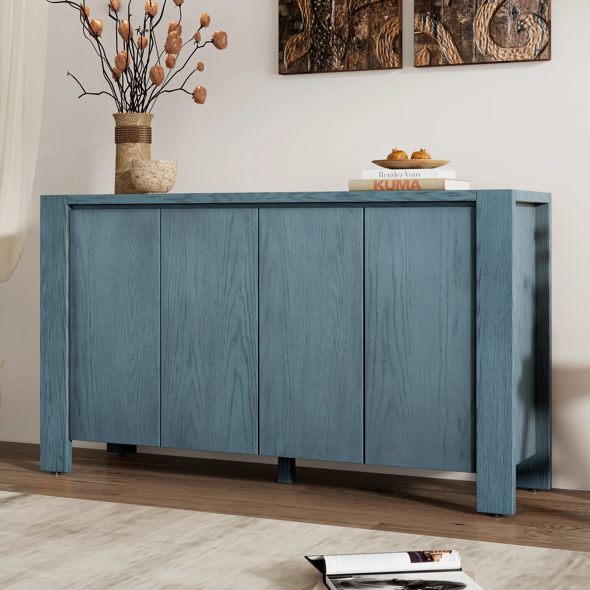 4-Door Distressed Finished Sideboard Buffet Cabinet with Adjustable Shelves