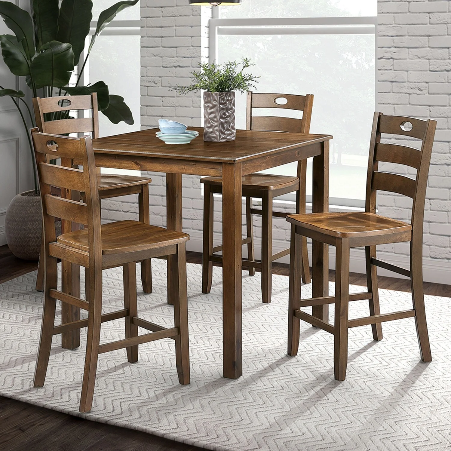 5 Piece Square Counter Height Dining Set with Slat Back Chair in Walnut