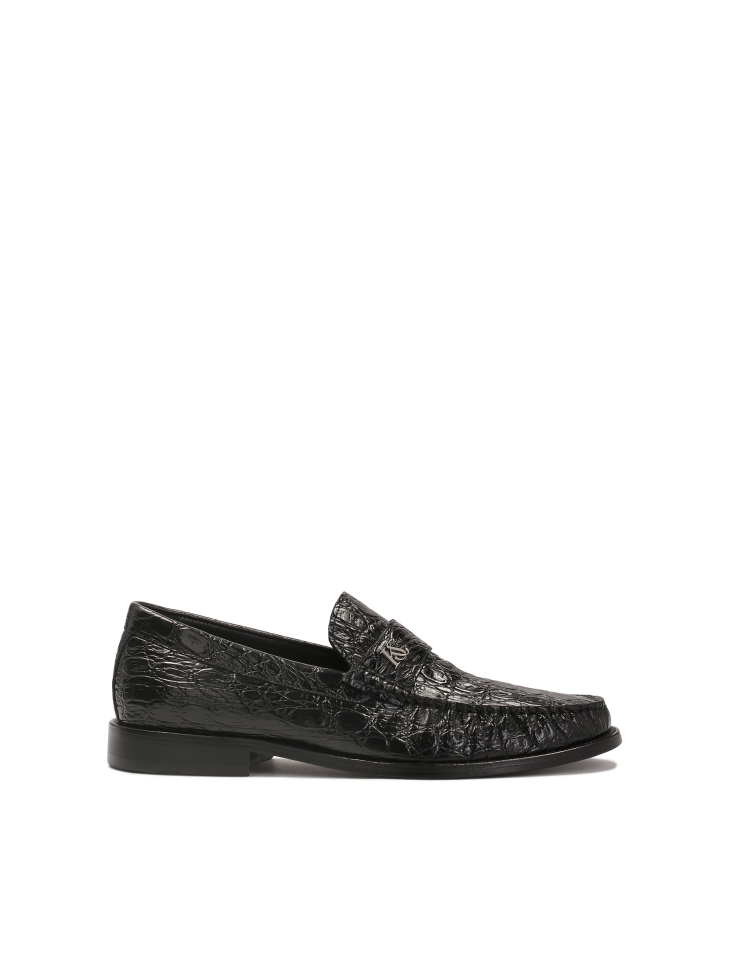 Black croc-embossed leather loafers