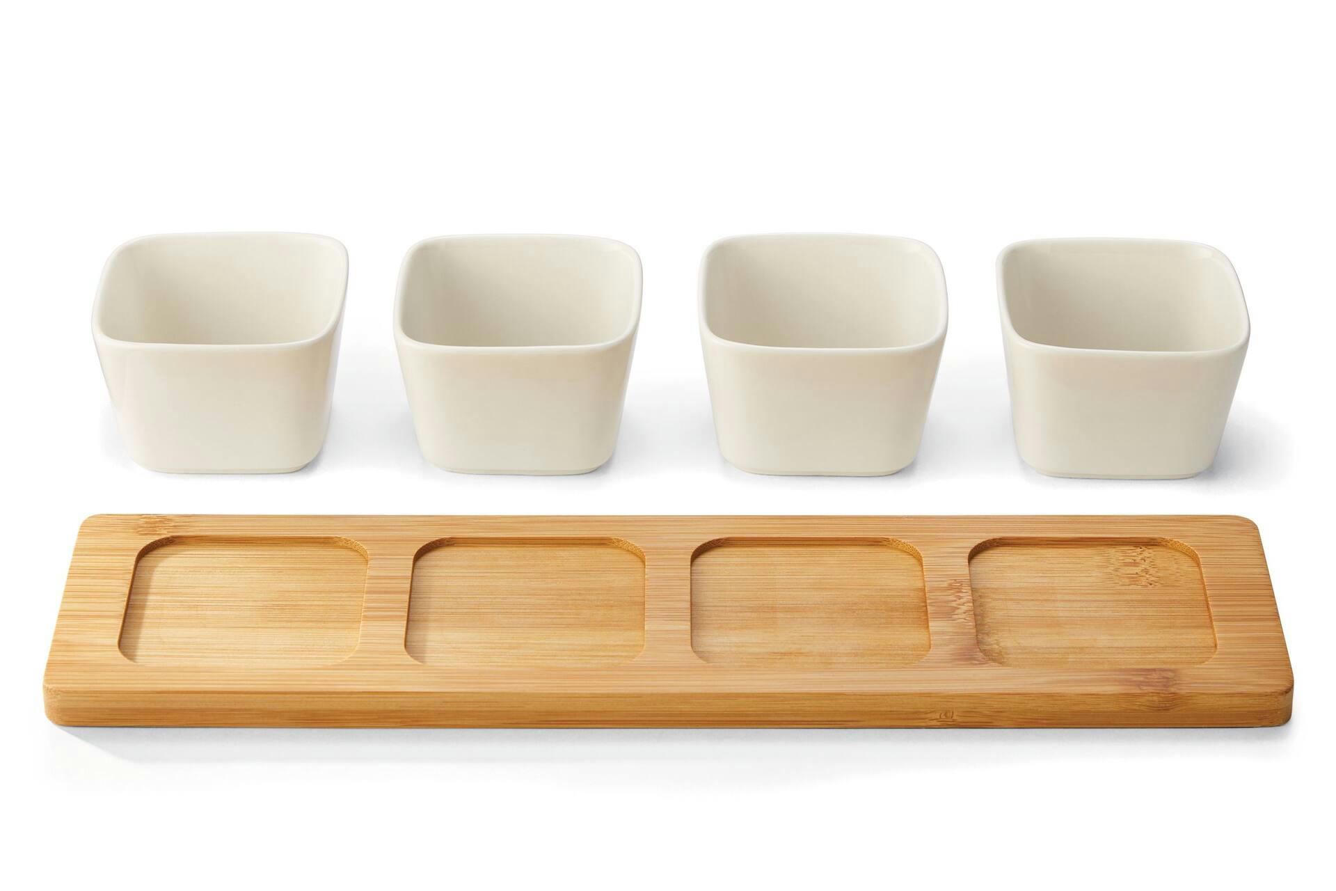 CANVAS Ceramic Reusable Serving Bowls with Bamboo Serving Tray, Brown/White, 14-in, 5-pk, for Christmas/Thanksgiving/New Year's Eve/Easter/Birthday