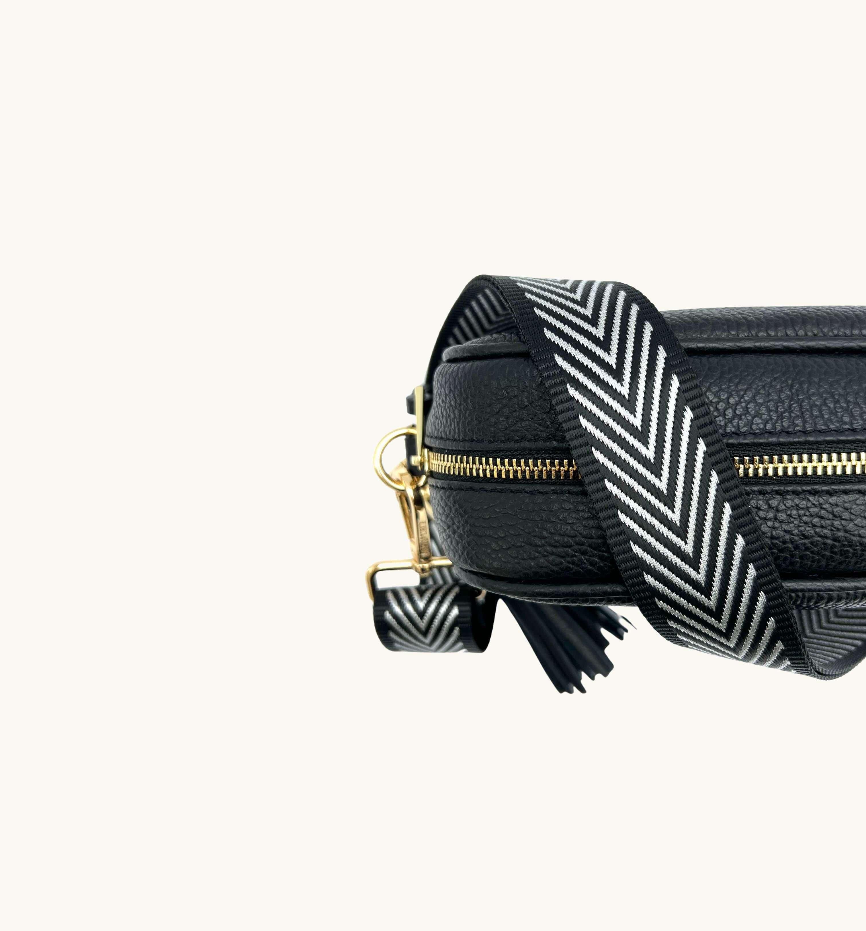 Apatchy London Black Leather Crossbody Bag With Black & Silver Chevron Strap