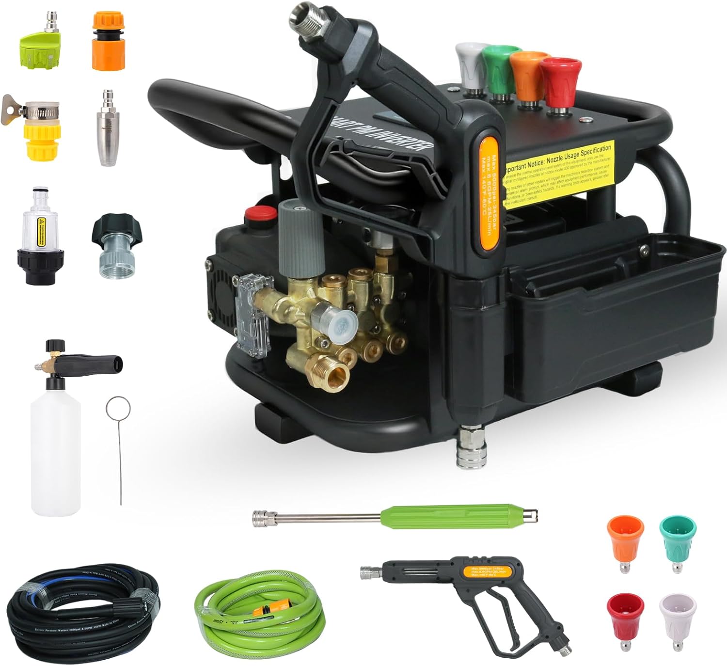 2025 Upgraded 100bar 2.3GPM Commercial Electric Pressure Washer–PM Inverter 3HP Motor Horizontal Triplex Pump Power Washer with 65dB Quiet with 7 Nozzles (0°/15°/25°/40°/Soap/Turbo) for Cars/Driveway