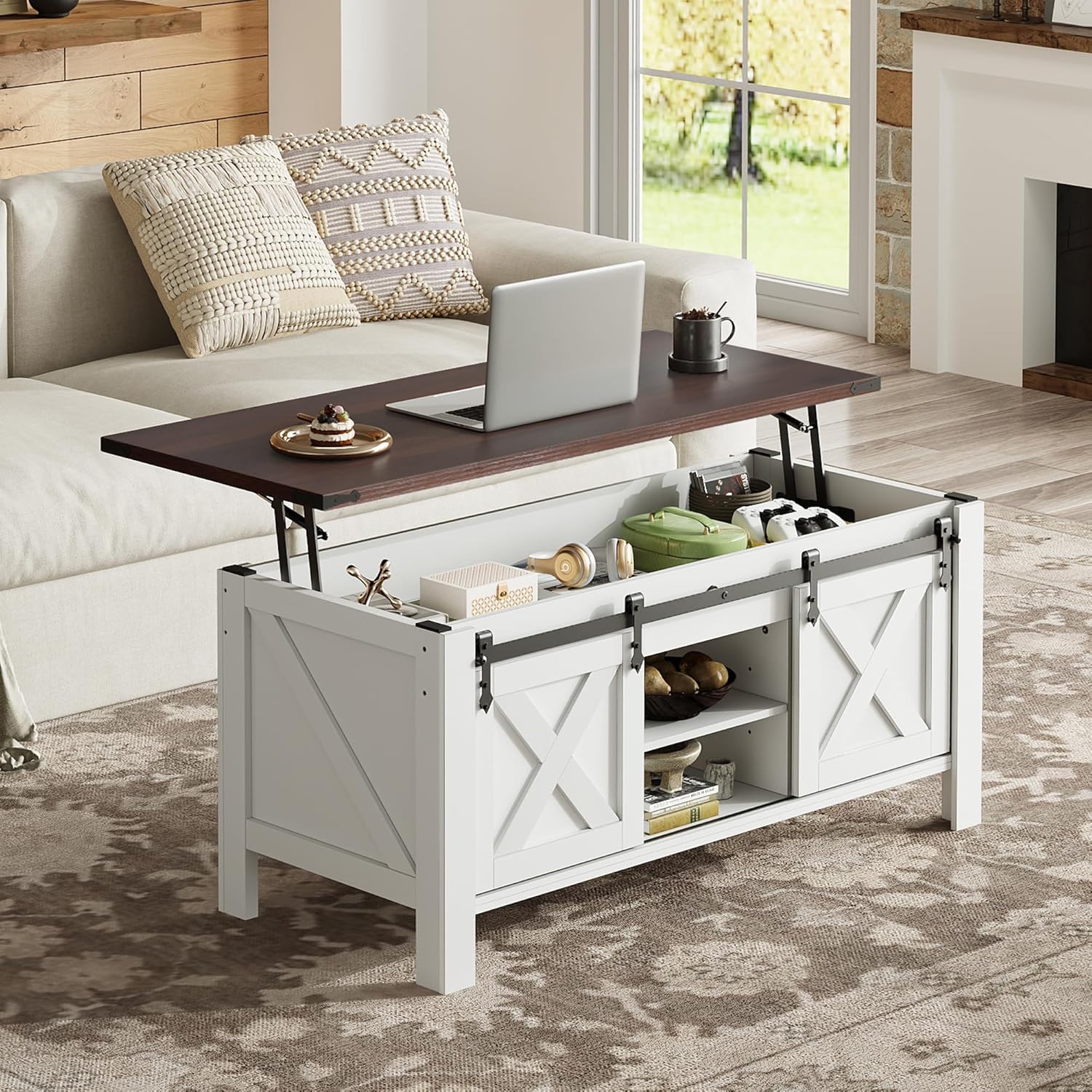 WLIVE 47.3 Farmhouse Lift Top Coffee Table with Sliding Barn Doors, Large Hidden Storage Compartment and Adjustable Shelf for Living Room,Office, White