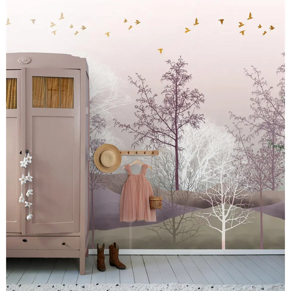 Sanders & Sanders fotobehang bosrijk landschap paars, beige en wit