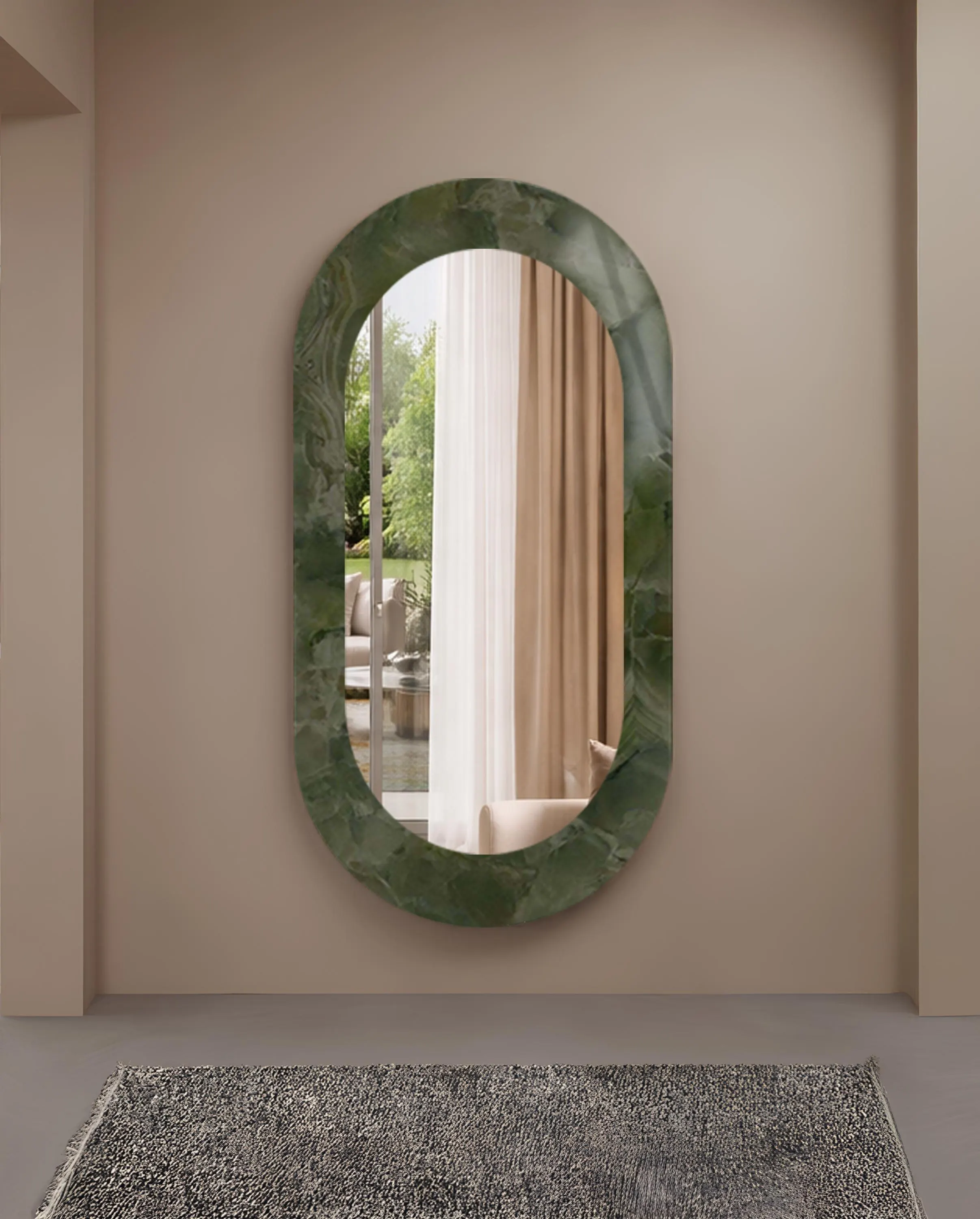 Green Marble Oval Wall Mirror – Contemporary Luxury Decorative Mirror for Bathroom, Living Room, Entryway & Bedroom Decor