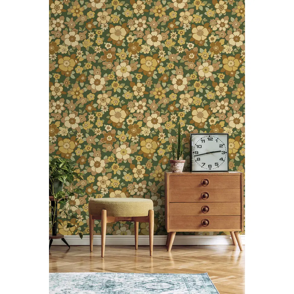 ESTAhome behang retro bloemen donkergroen en geel - 50 x 900 cm