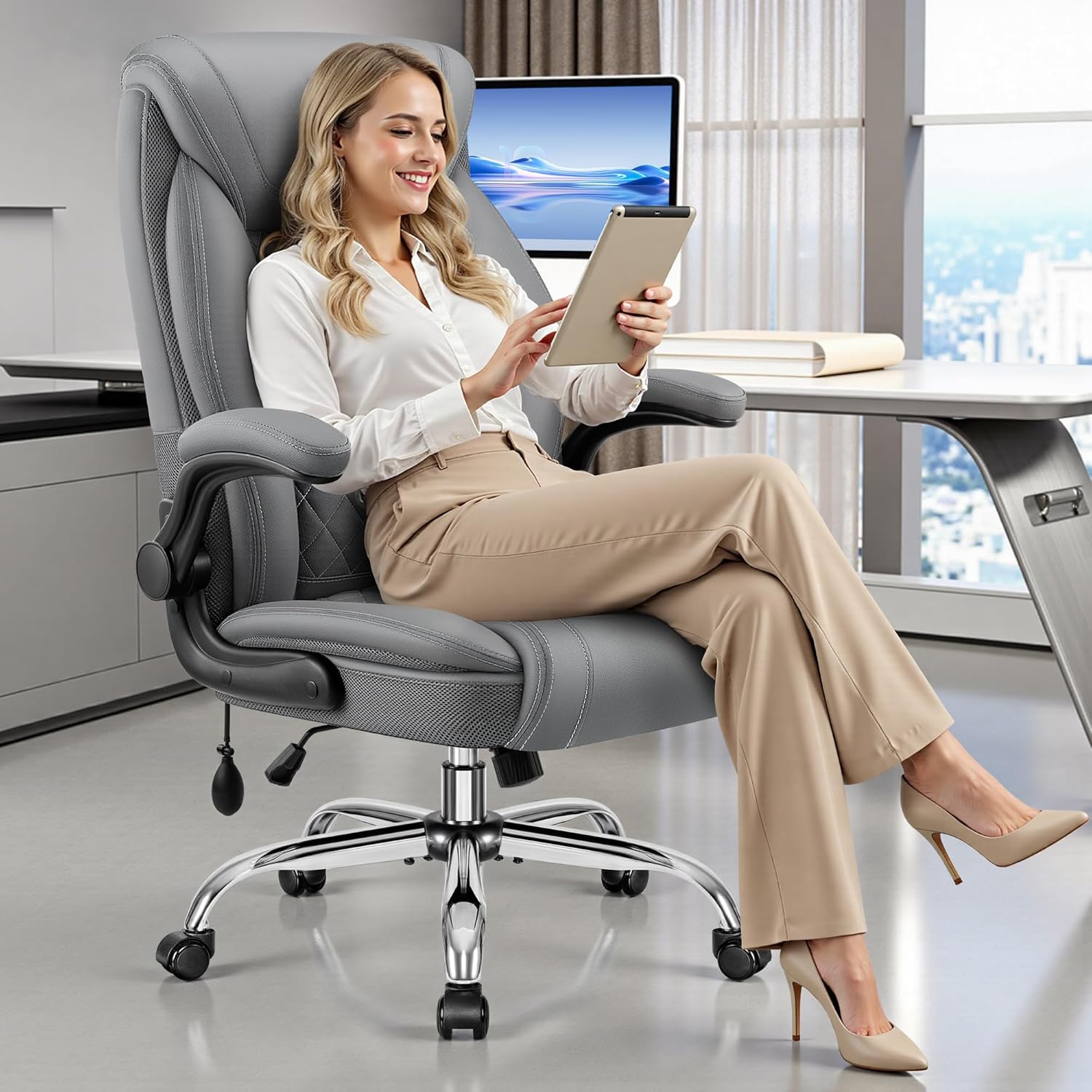 Office Chair, Big and Tall Ergonomic Desk Chair, Executive Leather Computer Chair with Adjustable Lumbar Support, Comfy Gaming Chair with Flip Up Arms, Swivel PC Chair with Rocking Function, Gray