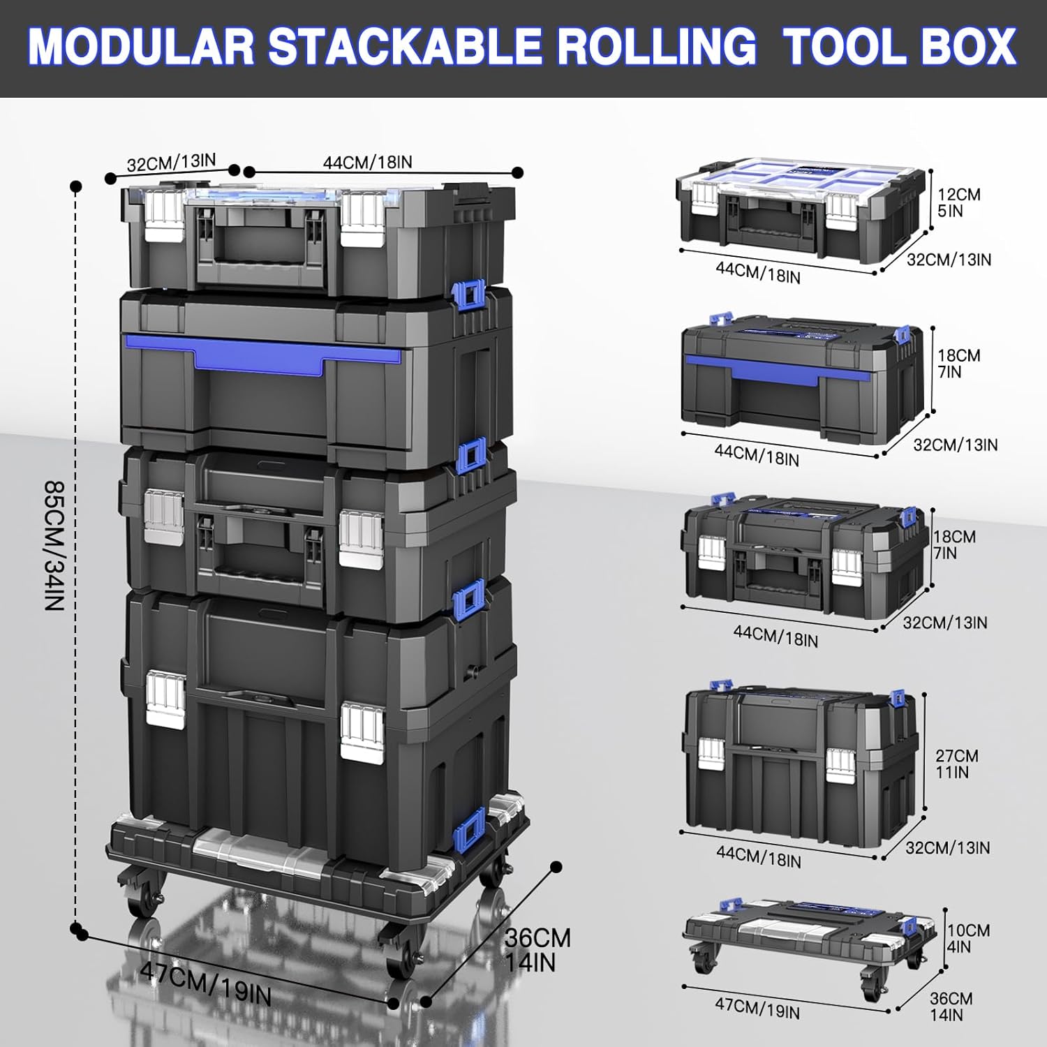 5 Tier Stackable Tool Box with Wheels,Rolling Tool Box with Drawers,Modular Tools Organizer,Portable Tool Box with Transparent Parts Box,Large Capacity Toolbox,for Garage Storage,Home and Repair Shop