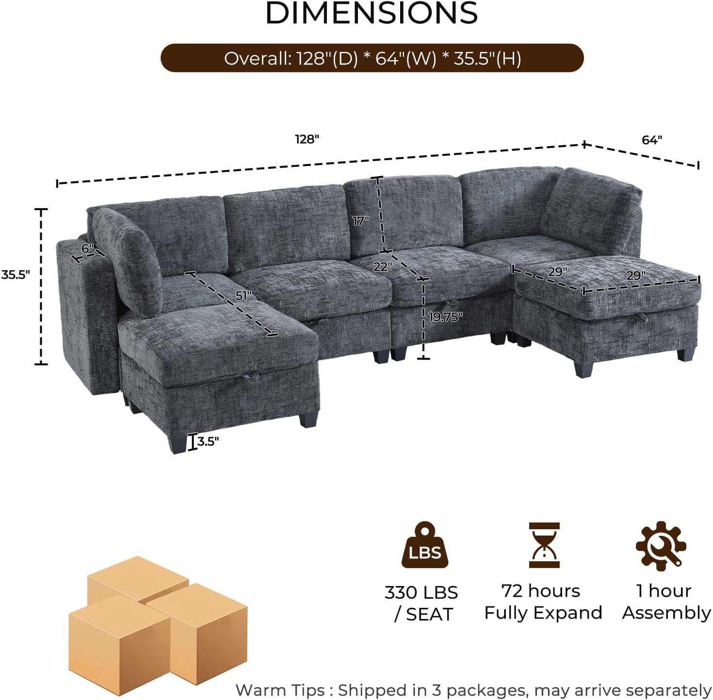 128 Oversized Modular 6 Seater Sofa with Removable Covers and Storage, Convertible U, L-Shaped and Sleeper Sectional, Modern Sectional Couch with Movable Ottoman for Living Room, Apartment, Gray