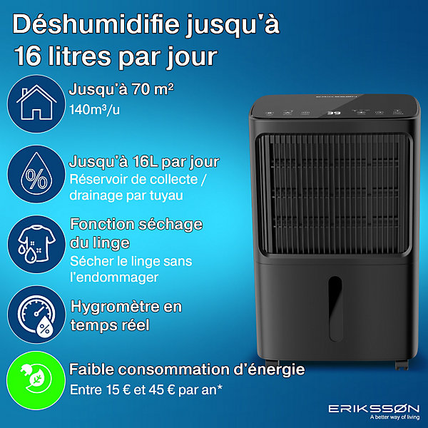 Déshumidificateur 16 litres adapté pour chambre salon cave Dehumidifier