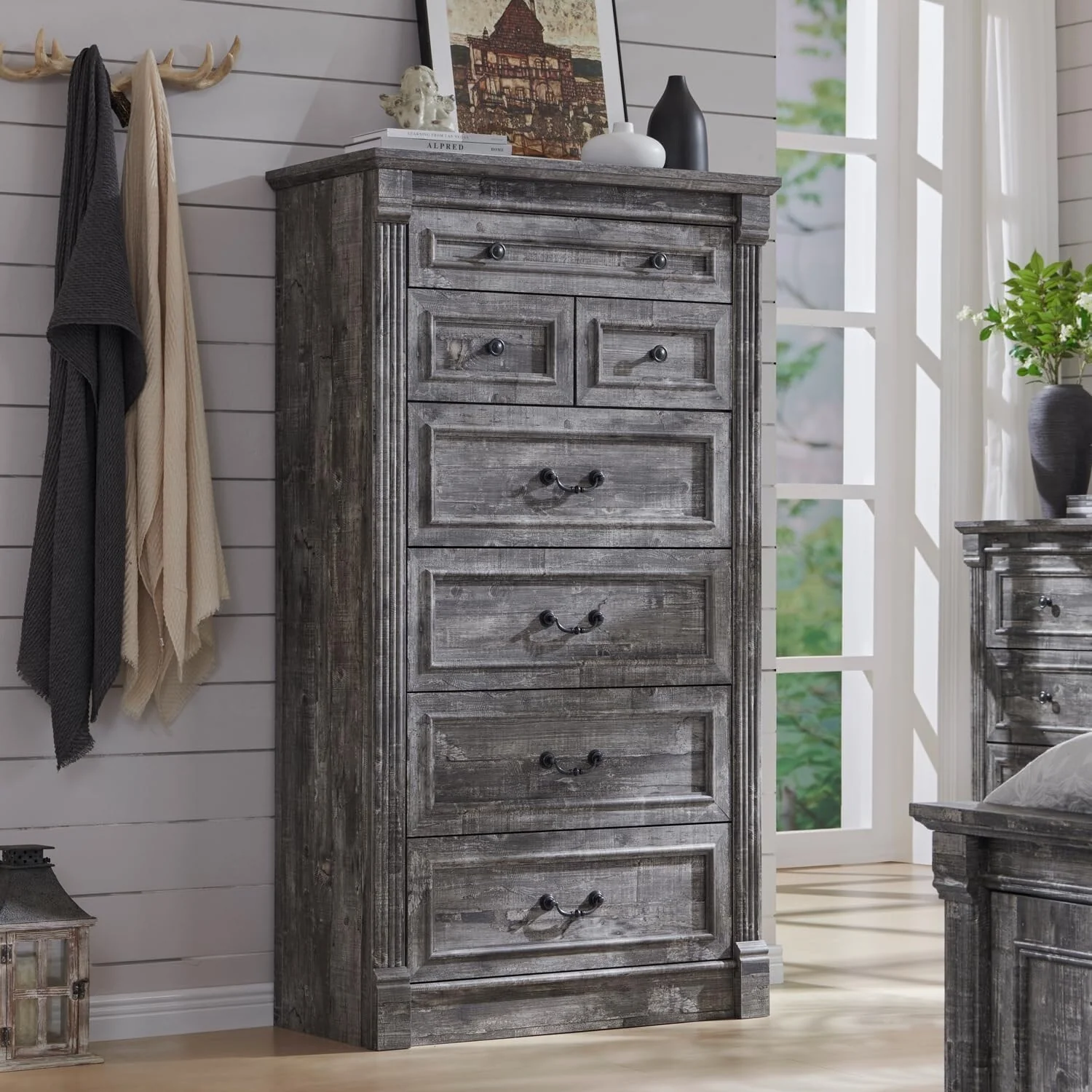 Farmhouse 7-Drawer Dresser - 57 Tall Chest with Roman Columns for Bedroom Storage in Hallway & Living Room