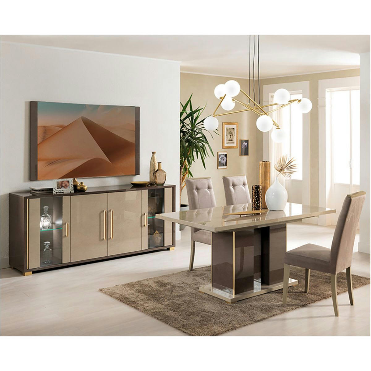 CREAMY - Buffet  4 portes avec leds + table allongeable 180-220cm
