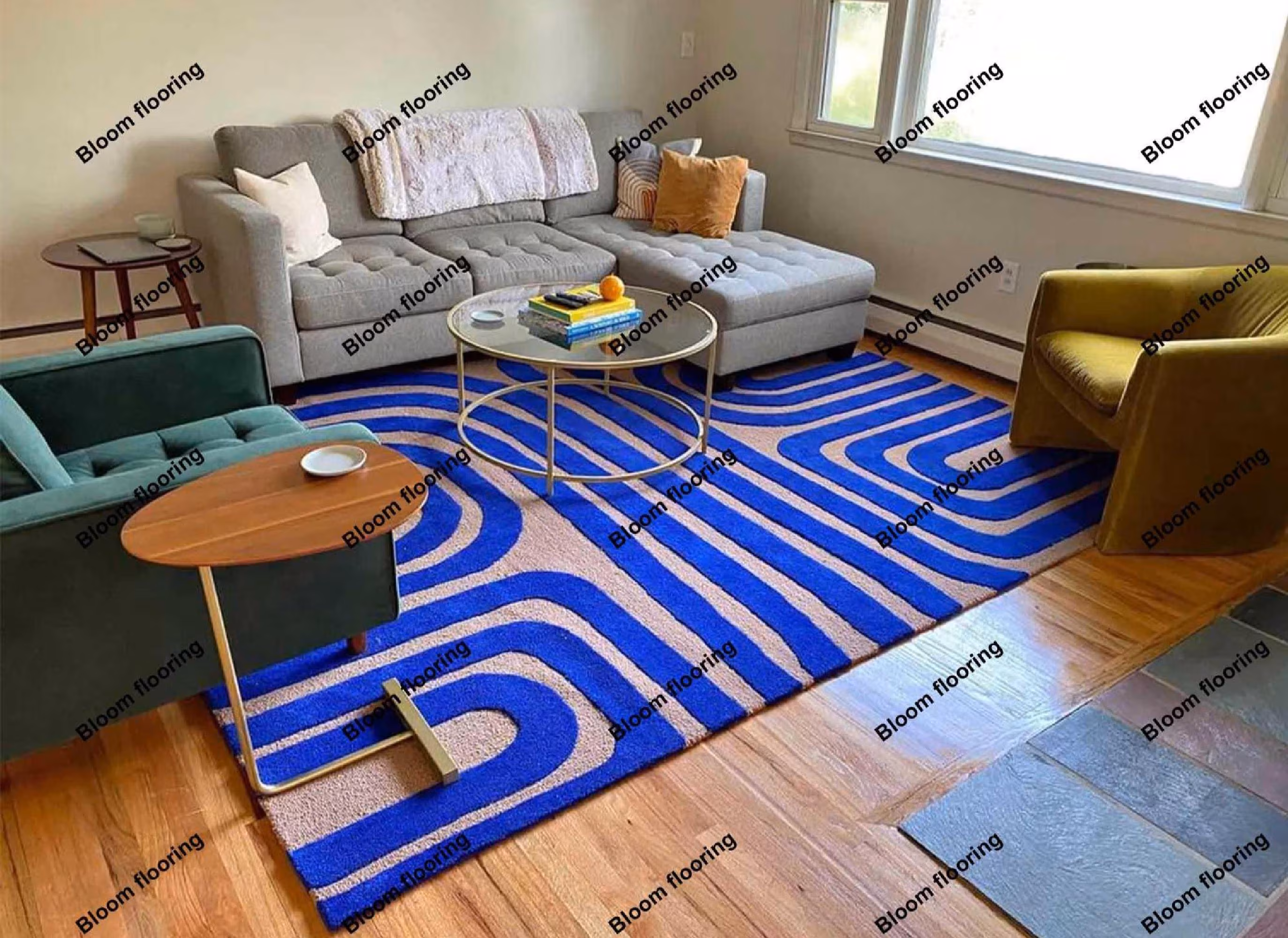 Abstract Geometric Wool Rug, Blue Modern Area Rug, Hand Tufted Carpet, Contemporary Rug, Custom Size Rug, Designer Rug 8x10 | Bloom Flooring