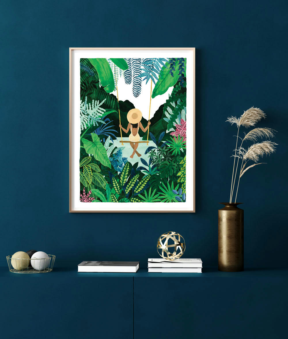 - Affiche illustrée de fille sur une balancoire à Bali 30x40 cm