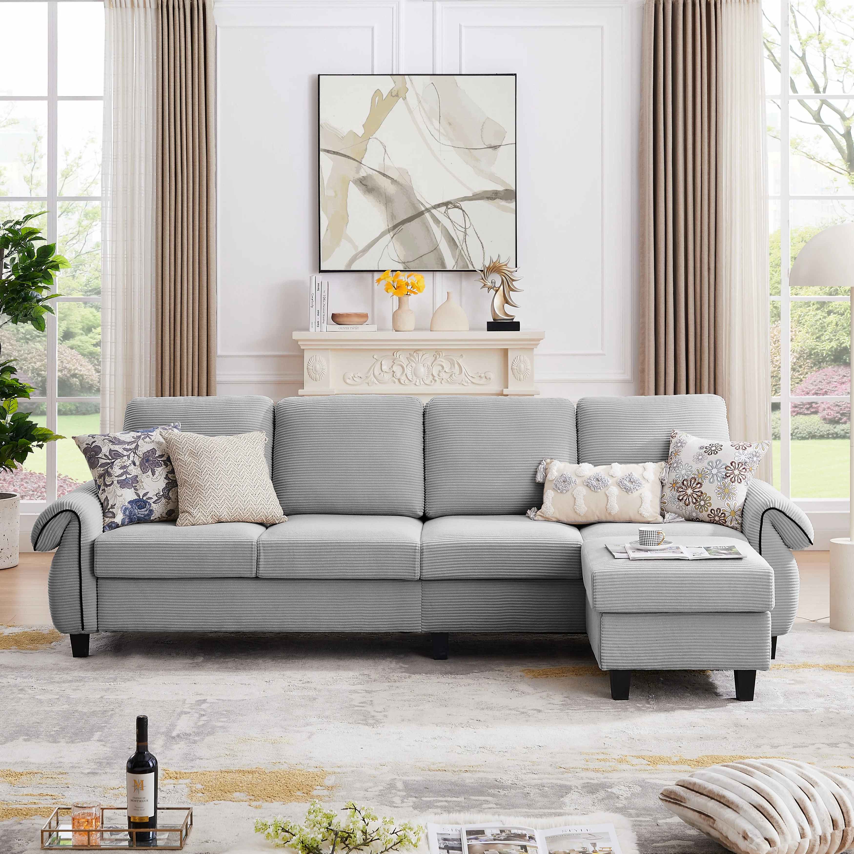 110.02 in. W Rolled Arms 4-Seat L Shaped Soft Corduroy Fabric Modern Sectional Sofa with Reversible Ottoman