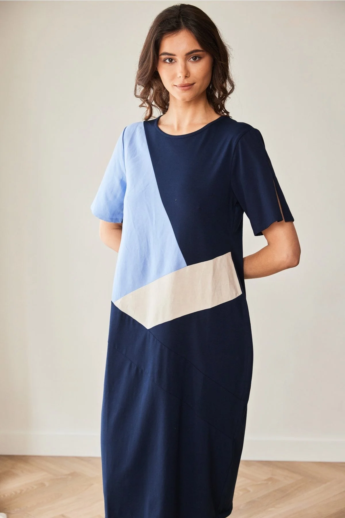 Three Tone Blue Linen Midi Dress
