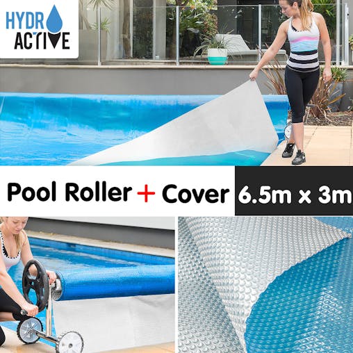 NNEDPE 400micron Swimming Pool Roller Cover Combo - Silver/Blue - 6.5m x 3m
