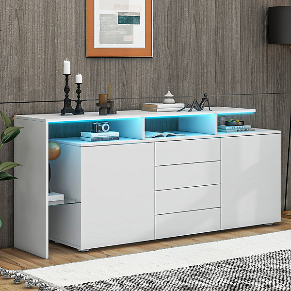 Meuble TV 160x35x70 cm blanc laqué avec éclairage LED, 2 portes, 4 tiroirs et niche vitrée, design moderne