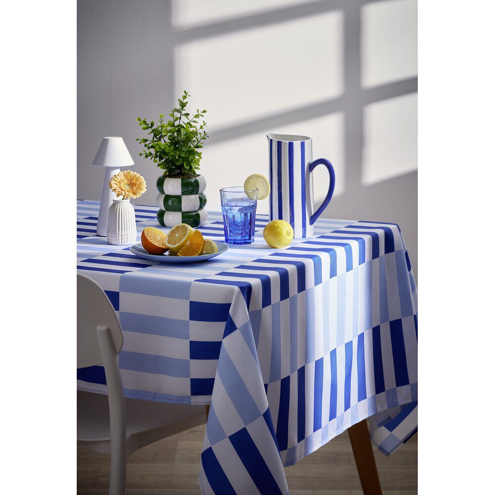 Nappe rectangulaire polyester bayadère carreaux bleus et blancs 150x250cm