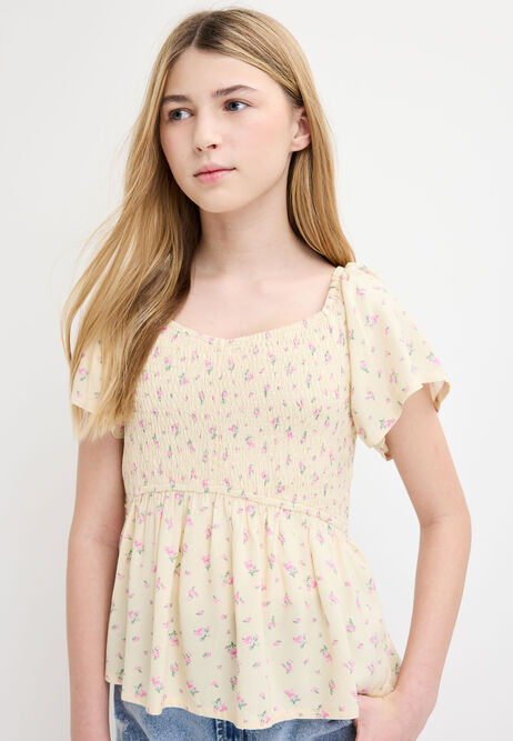 Older Girls Lemon Floral Shirred Flute Sleeve Top