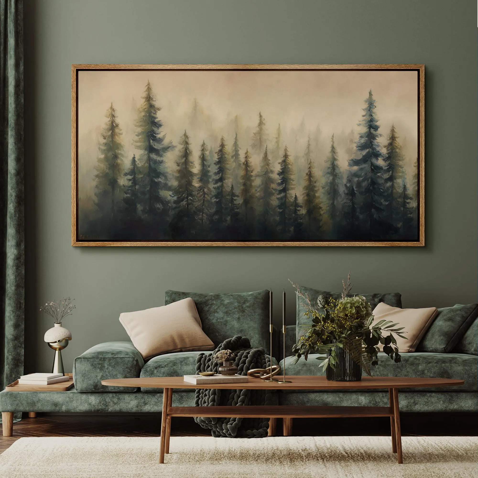 Large Framed Misty Pine Tree Forest Wall Art, Moody Green Woodland Landscape Canvas Print, Minimalist Scandinavian Nature Bedroom Decor