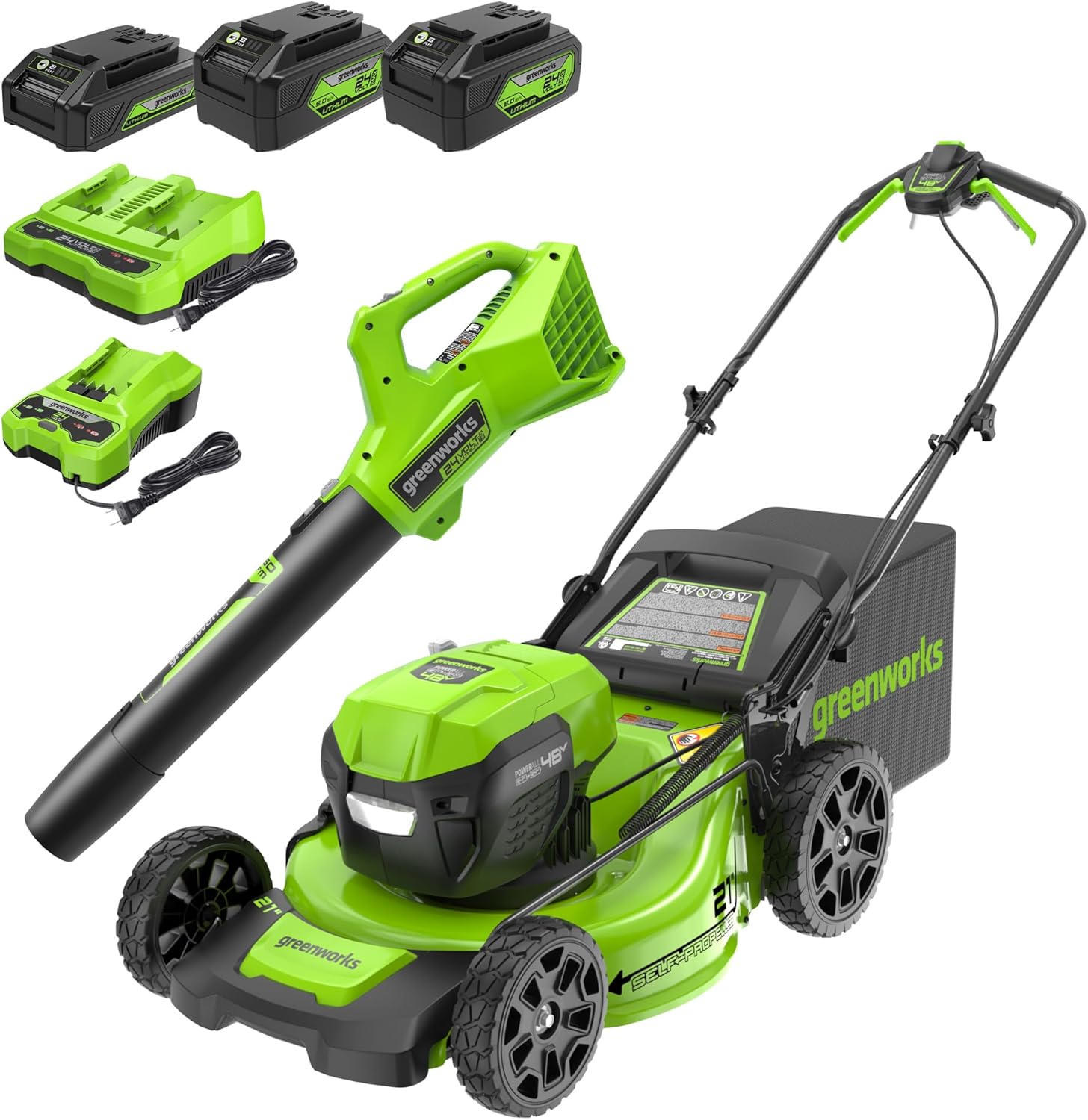 Greenworks 48V (24V x 2) 21 Cordless Battery Self-Propelled Mower & 320 CFM Blower Combo Kit w/ (2) 5.0Ah USB Batteries  (1) 2.0Ah Batter & Chargers