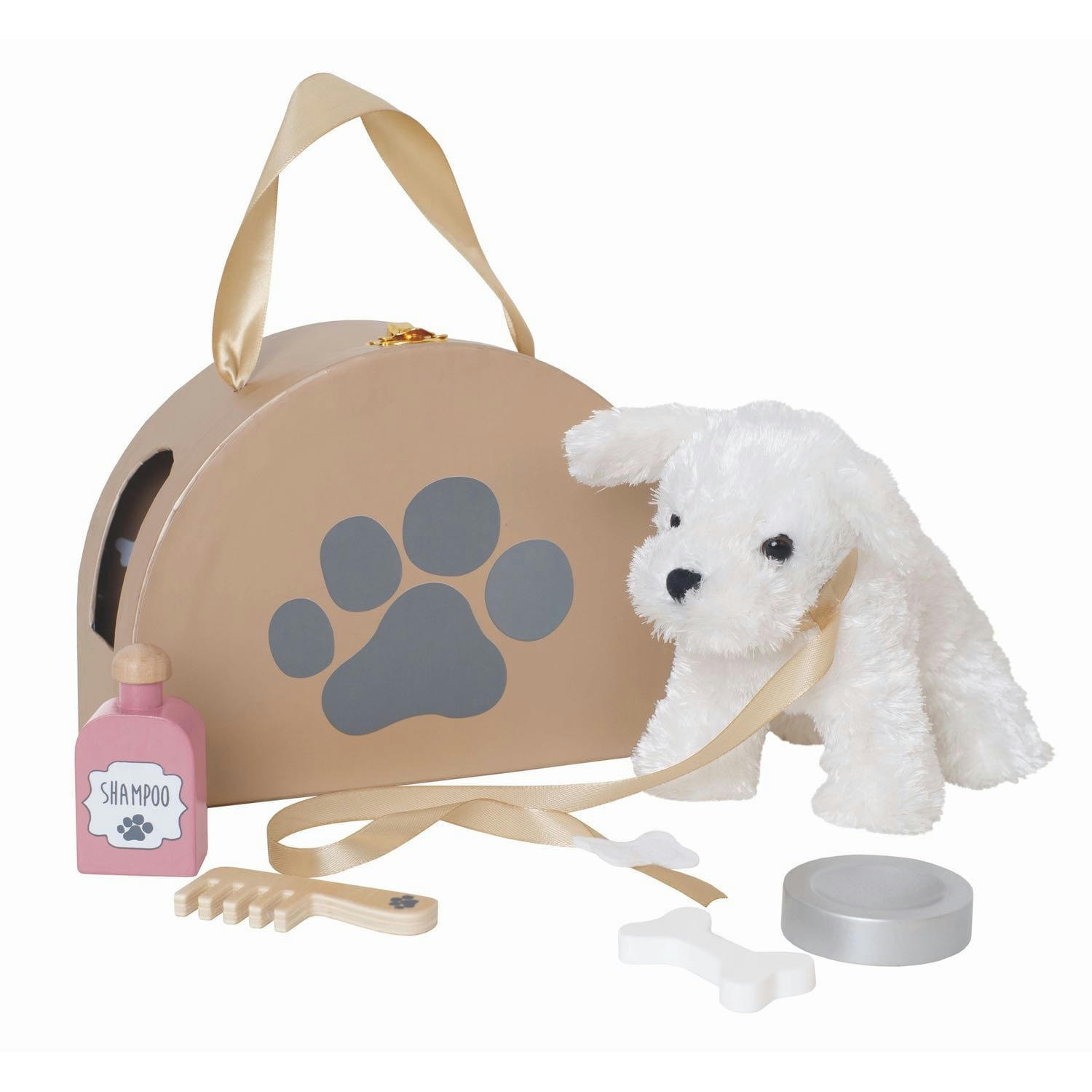 - Peluche chien avec son sac et accessoires en bois