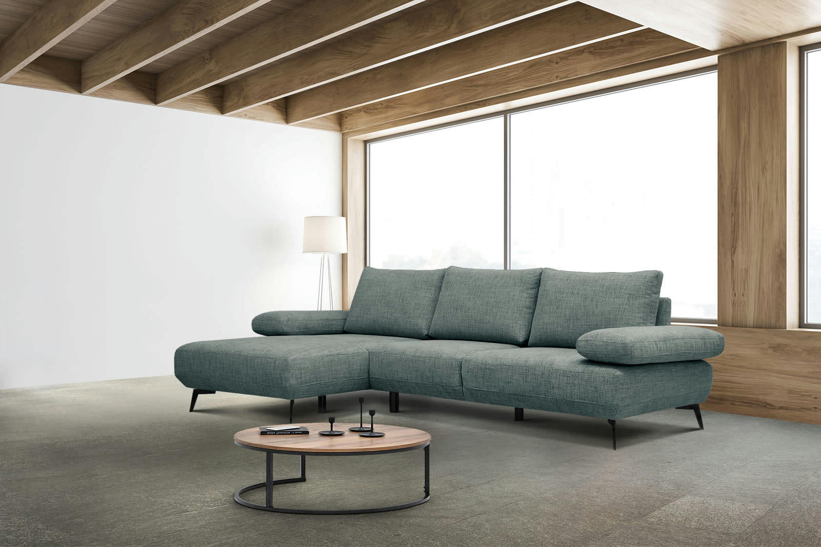 MELLO - Canapé d'angle gauche 4 places tissu vert de flacon