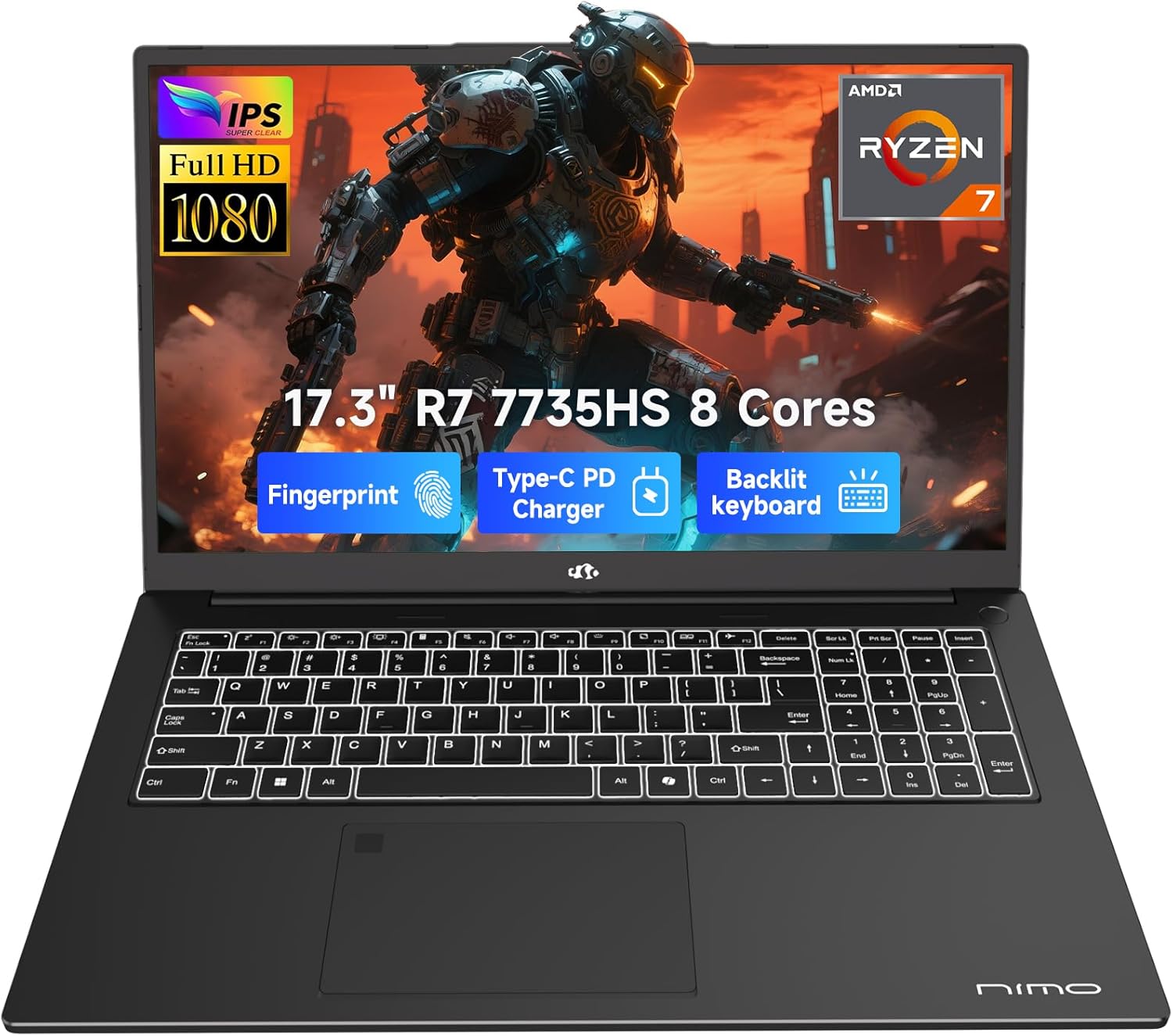 NIMO 2026 Gaming Laptop  17.3 FHD IPS Large Screen  AMD R7 7735HS (Up to 4.75 GHz  Beat i7-12650H) Computer with 16GB DDR5 RAM 256GB SSD  180° Vewing  Radeon 680M  Dual Fans  for Business  College