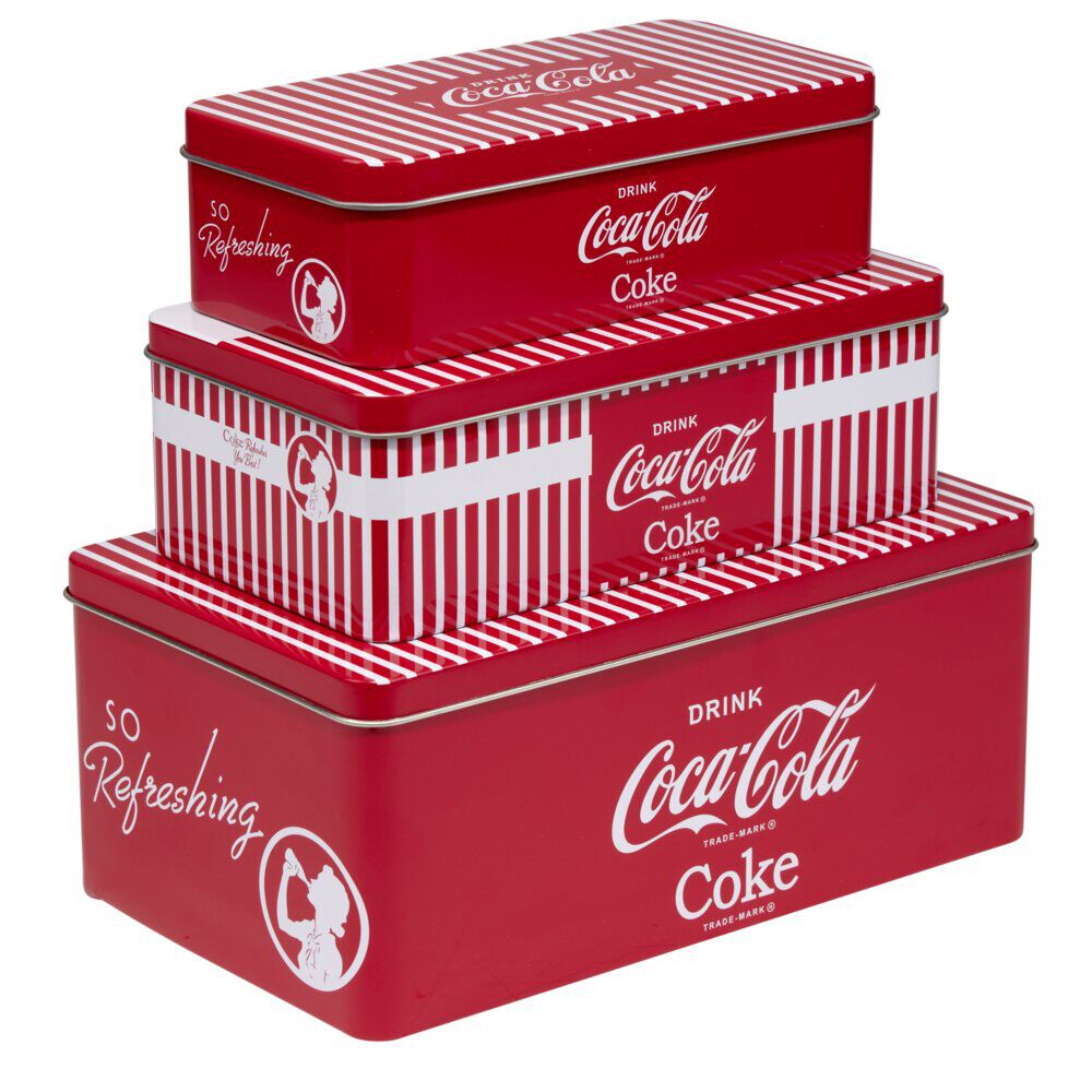 Lot de 3 boÎtes alimentaires Coca Cola rectangulaires en métal rouge et blanc
