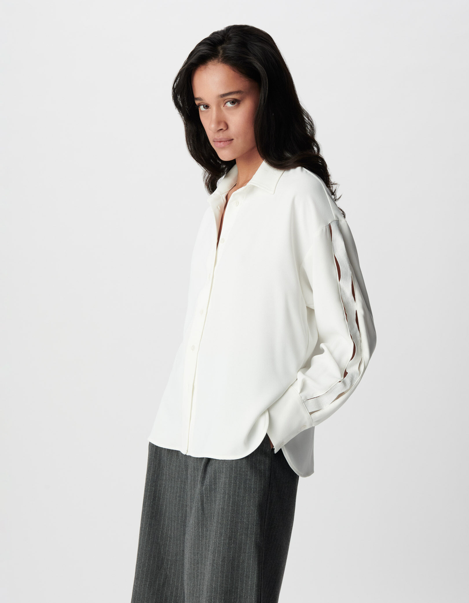 Chemise noire manches longues ajourées Femme