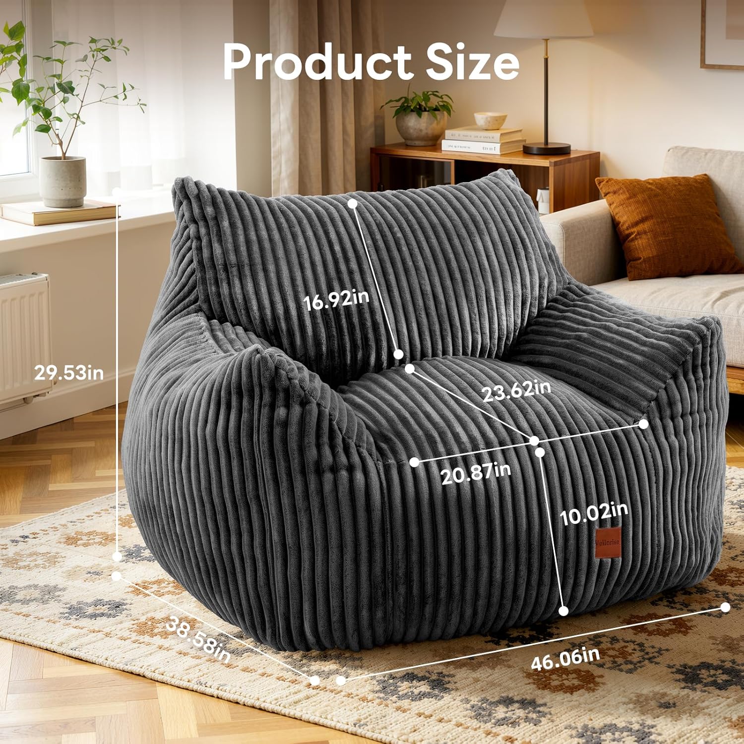 Giant Bean Bag Chair, Oversized Bean Bag Couch for Adults, Fluffy Corduroy BeanBag with Armrests for Living Room, Bedroom, Dorm Vacuum-Compressed for Easy Gifting, 48h to Expand, Dark Gray