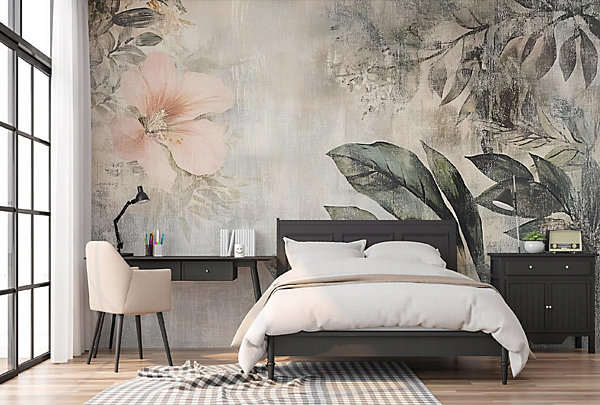 Papier Peint Panoramique Intissé Feuilles Fleurs Vintage 200x175 cm - Colle Inclus - Chambre et Salon