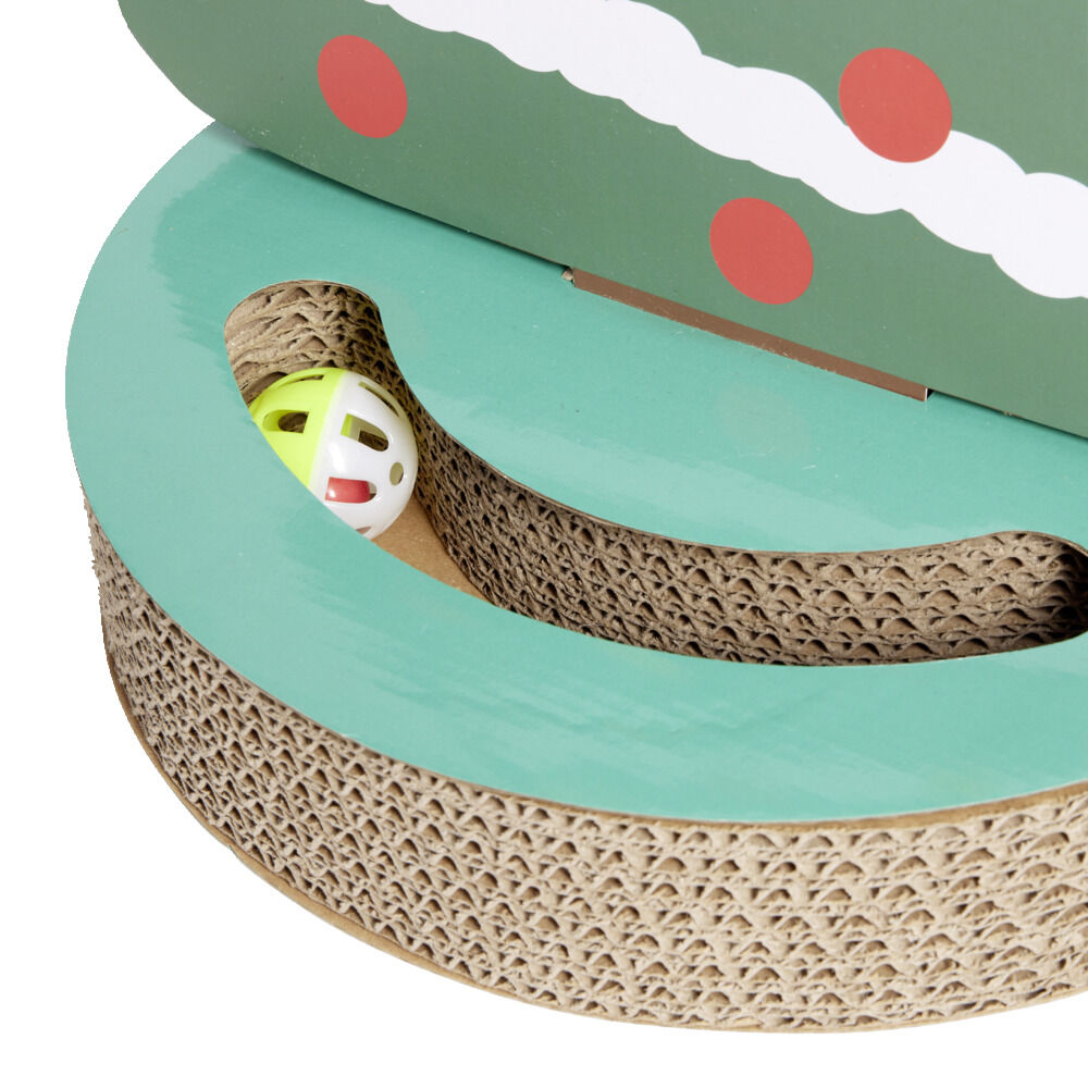 Grattoir carton forme sapin de No&euml;l et jeu de balle pour chat Ø33xH28,5cm