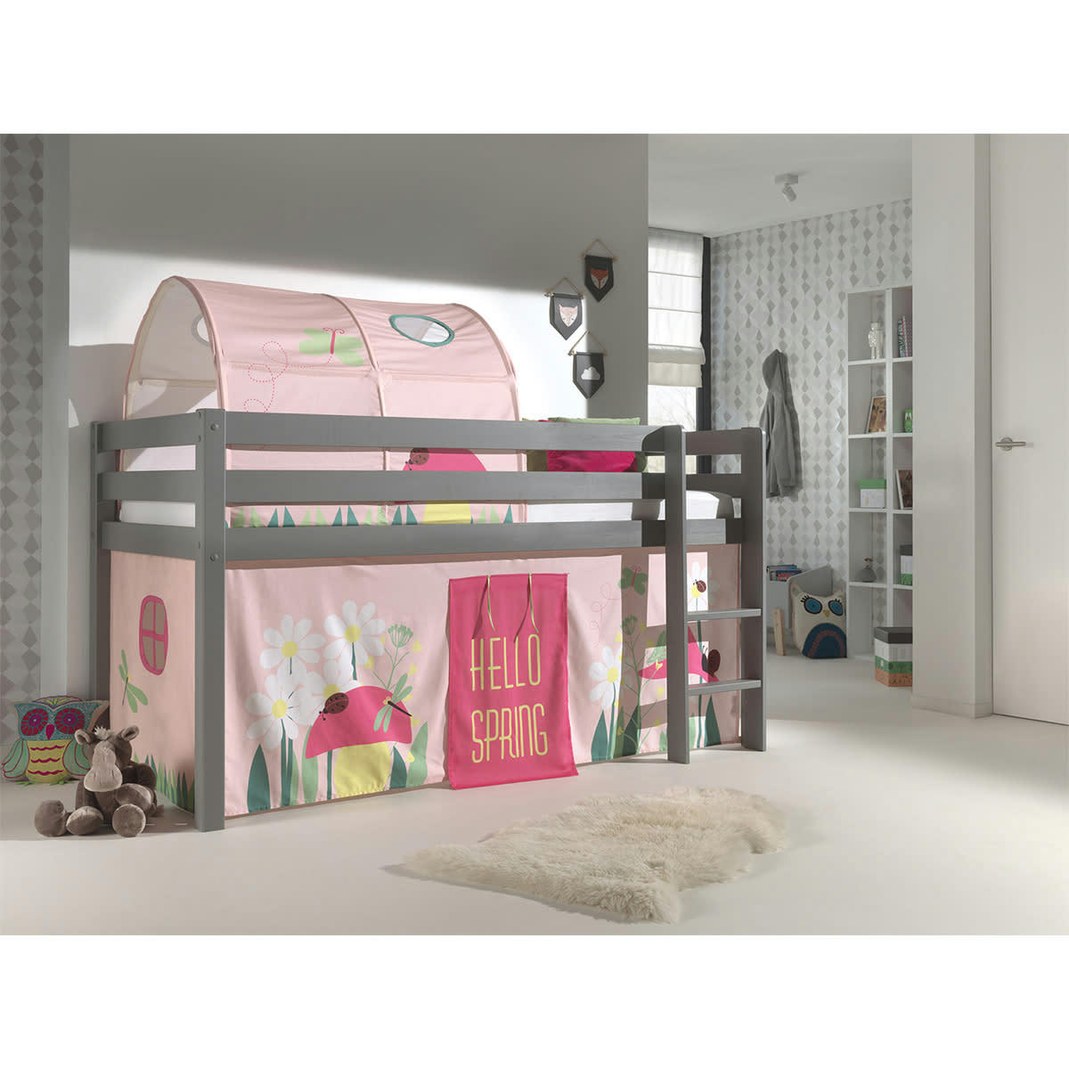 PINO - Lit mi-hauteur 90x200 sommier inclus housse spring gris