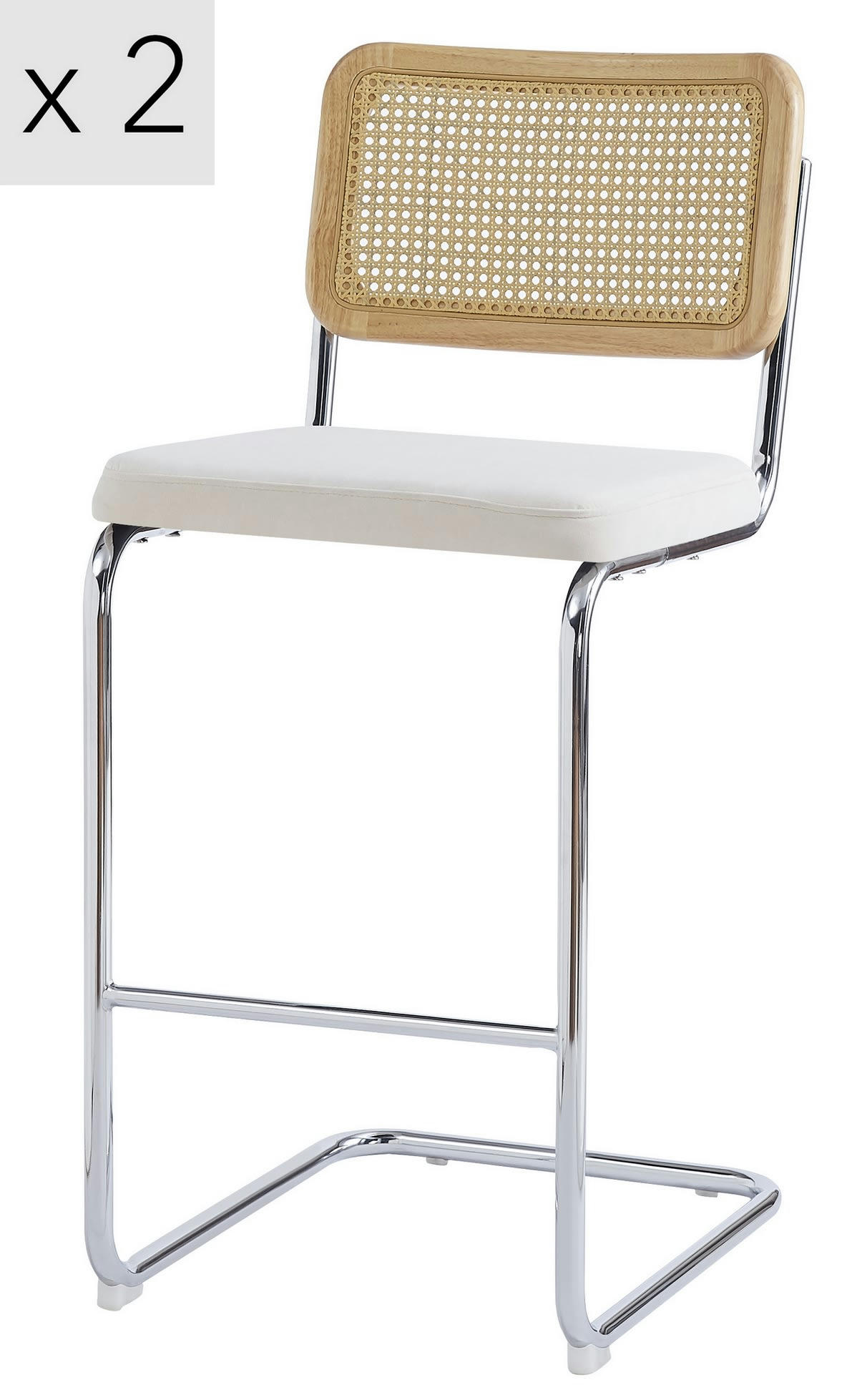 - Lot de 2 tabourets de bar en métal et cannage tissu beige