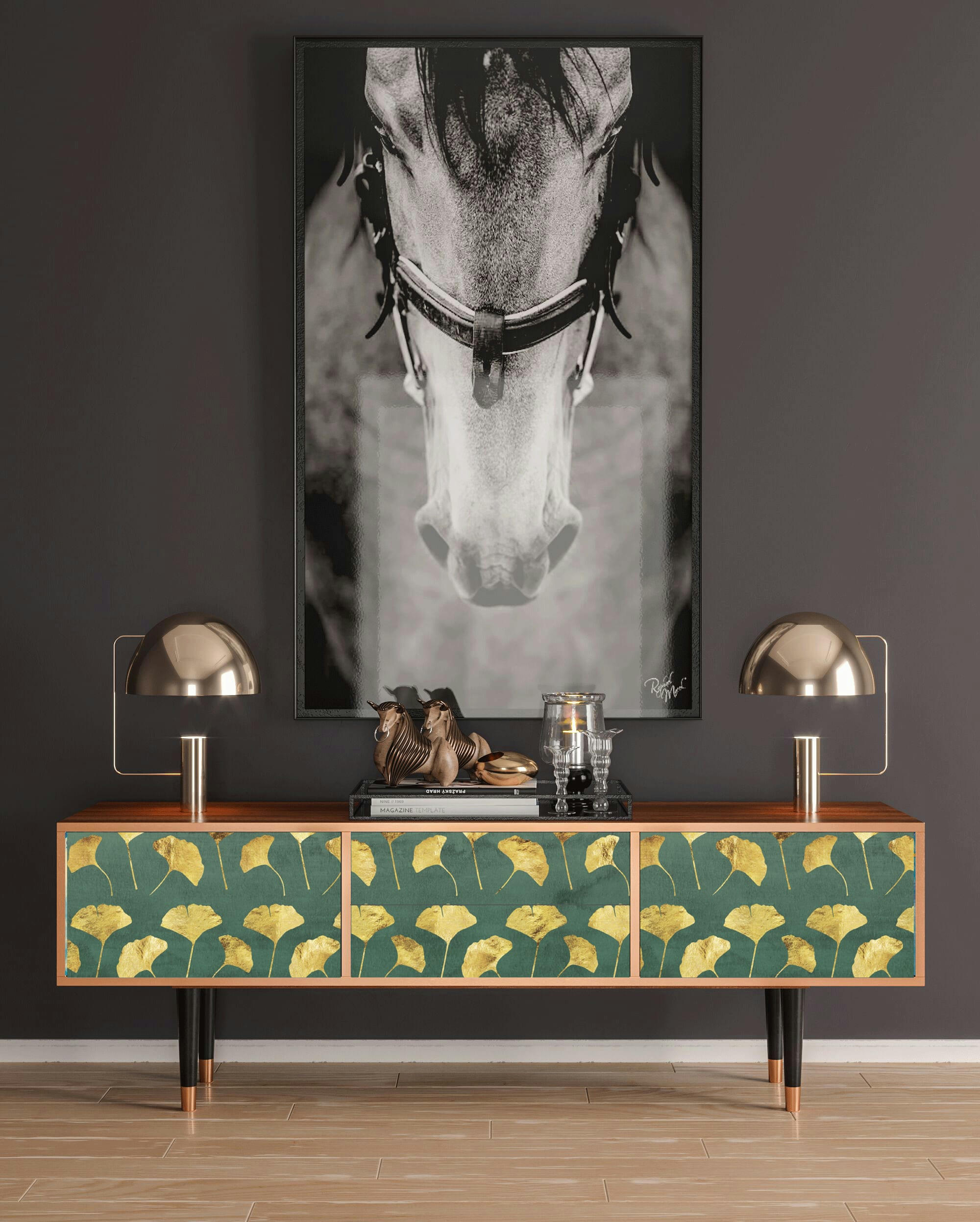 GINGKO LEAVES - Meuble TV  vert et jaune 2 tiroirs et 2 portes L 170 cm