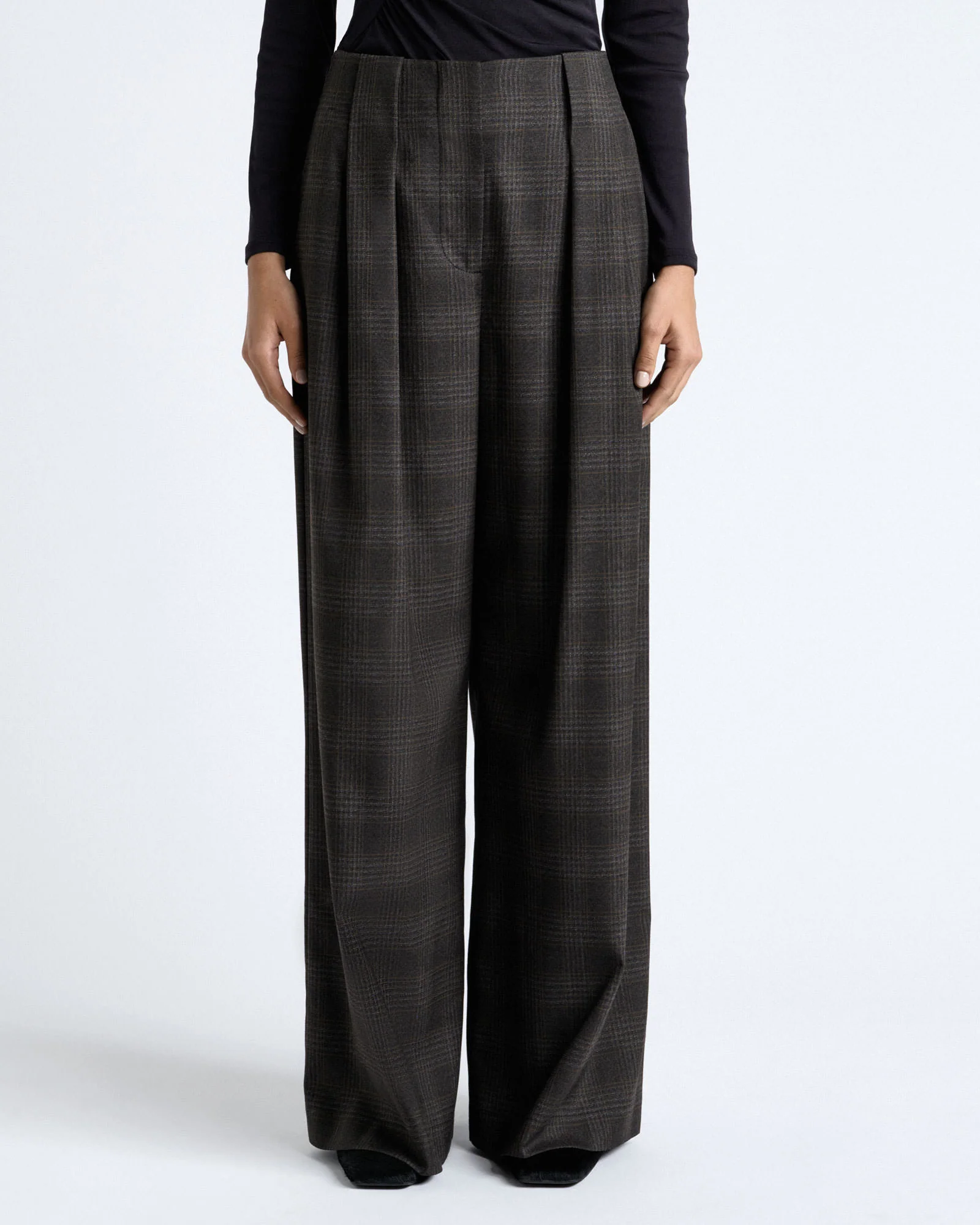 Brushed Prince of Wales Tweed Wide Leg Pant
