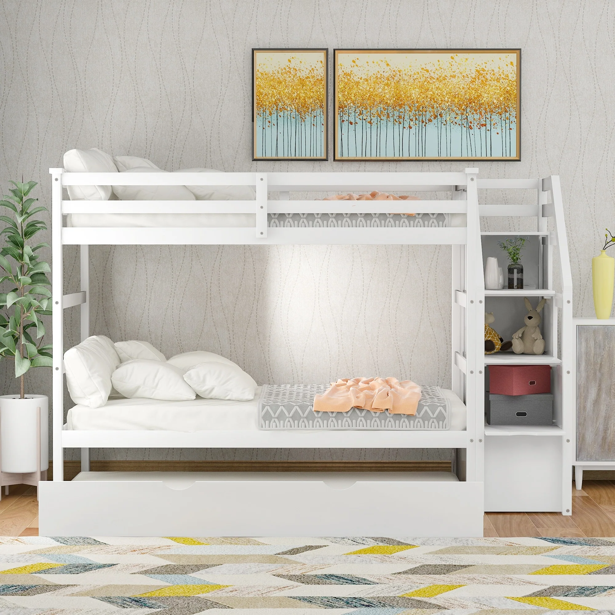 Twin-Over-Twin Bunk Bed with Twin Size Trundle and 3 Storage Stairs