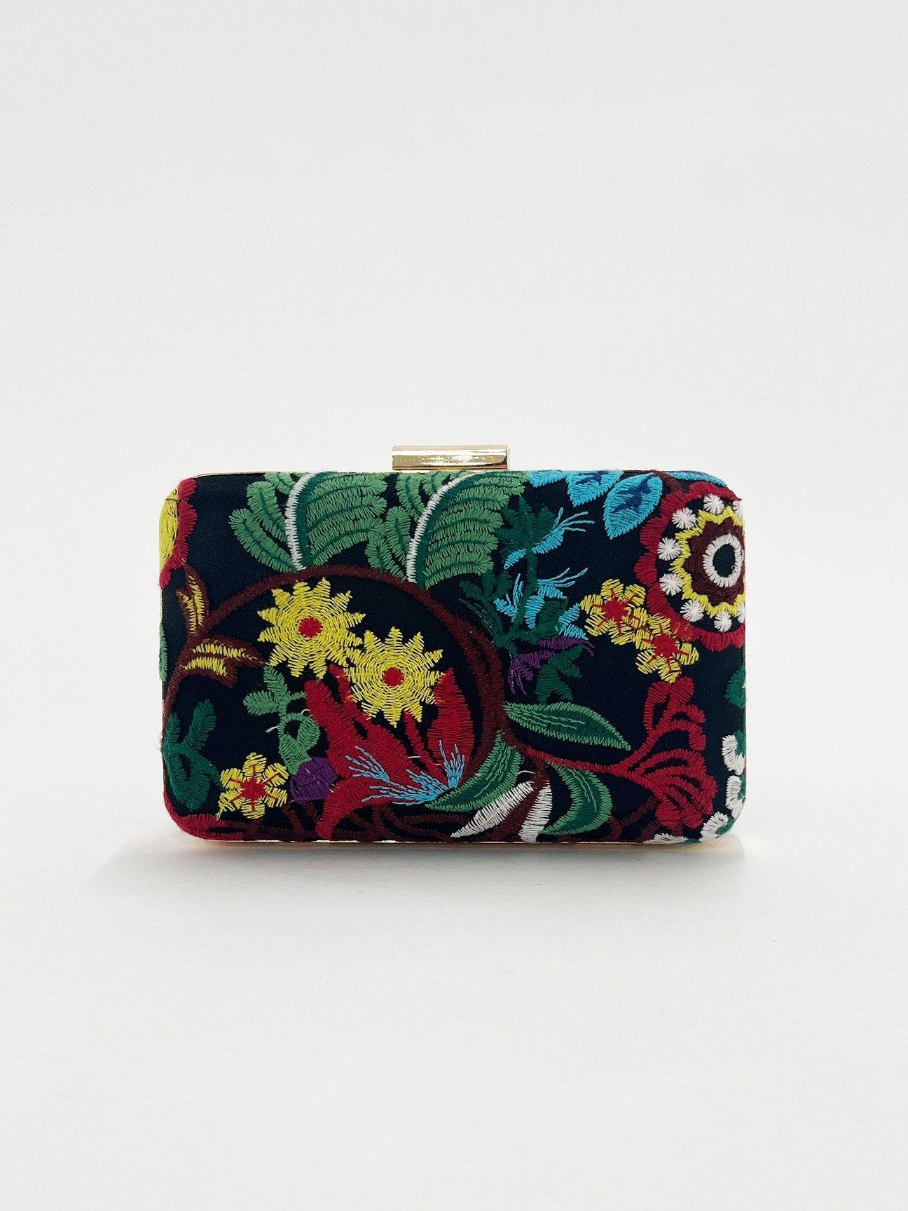 SVNX Black Square Clutch with Multicoloured Embroided Florals