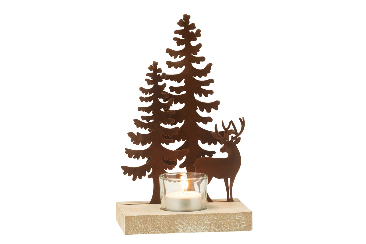 J-Line theelichthouder 1 stuk rendieren bomen - metaal/hout - bruin